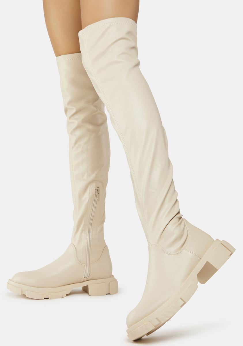 Public Desire Vegan Leather Knee High Zipper Boots - White
