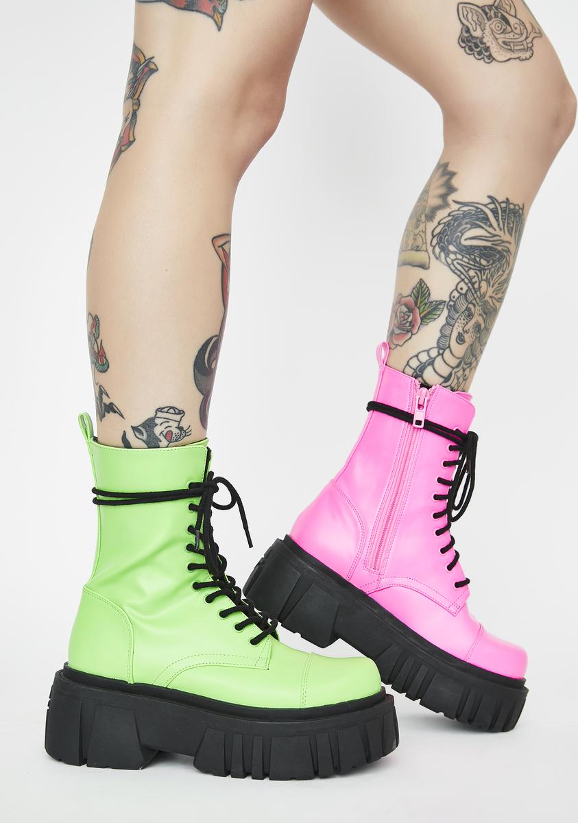 Club Exx Mismatched Combat Boots - Neon Pink Neon Green