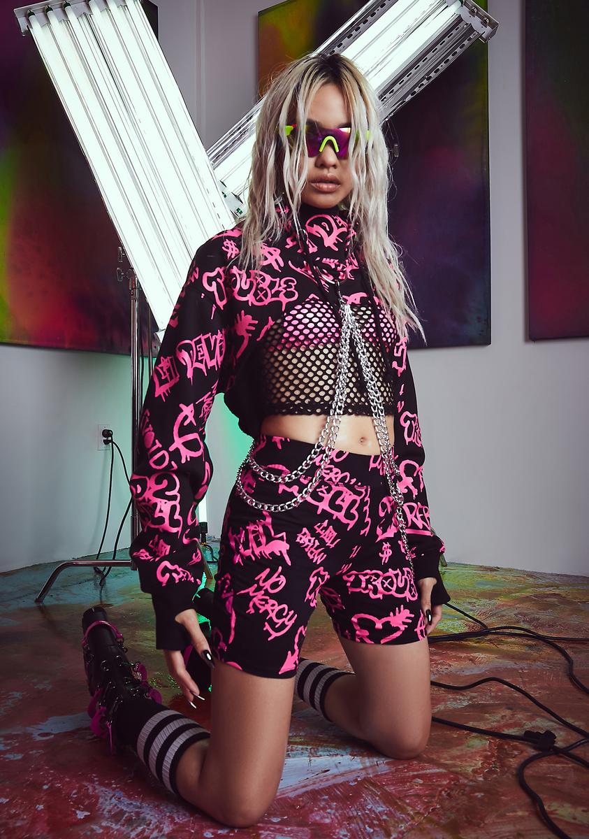 Current Mood Graffiti Print Biker Shorts Black Pink Dolls Kill