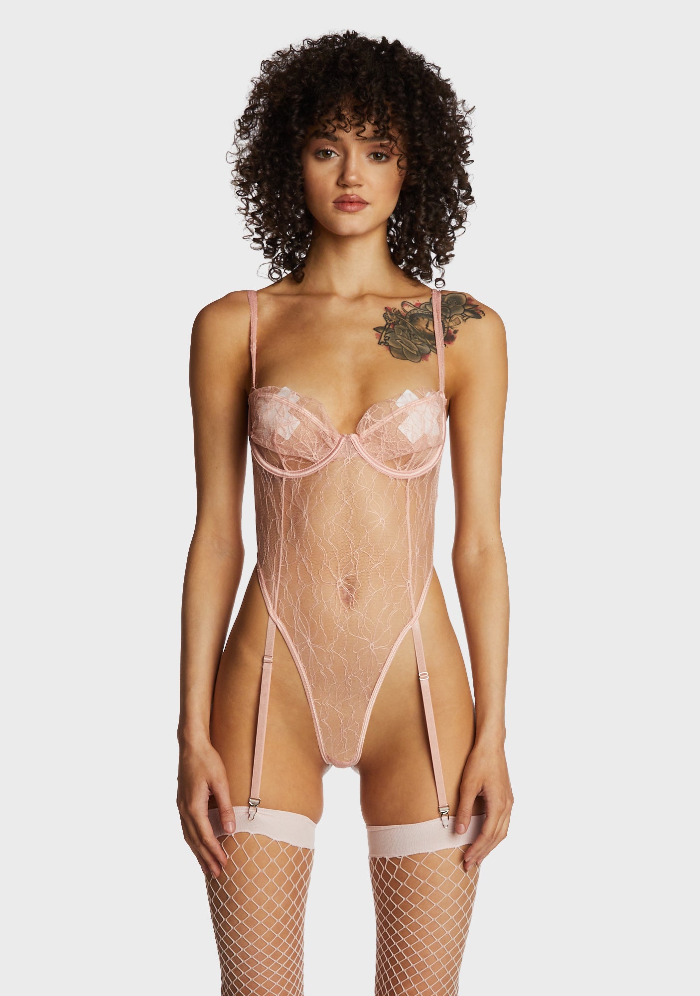 Forplay Sheer Floral Mesh Garter Bodysuit - Pink – Dolls Kill