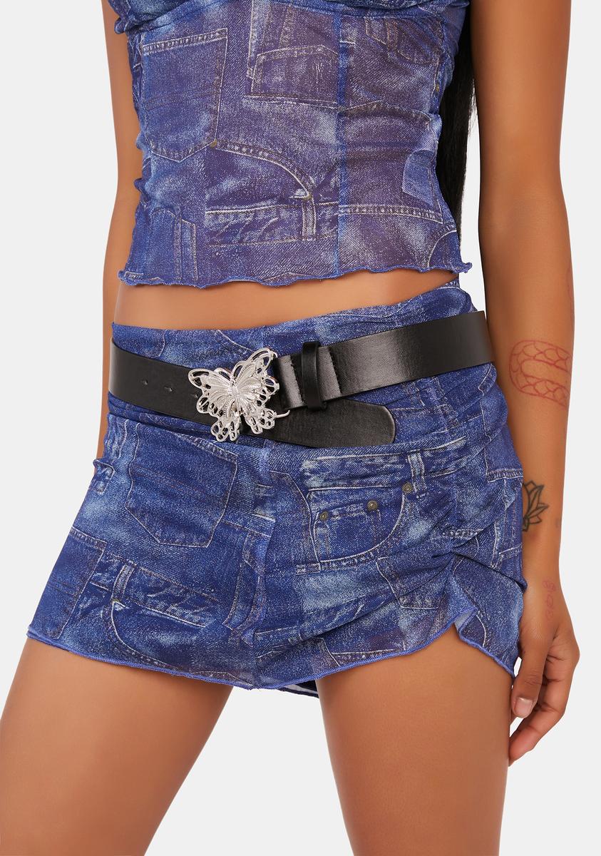 Gathered Denim Printed Mesh Skirt Edikted,Specials : American Fashion Style Bags On Sale