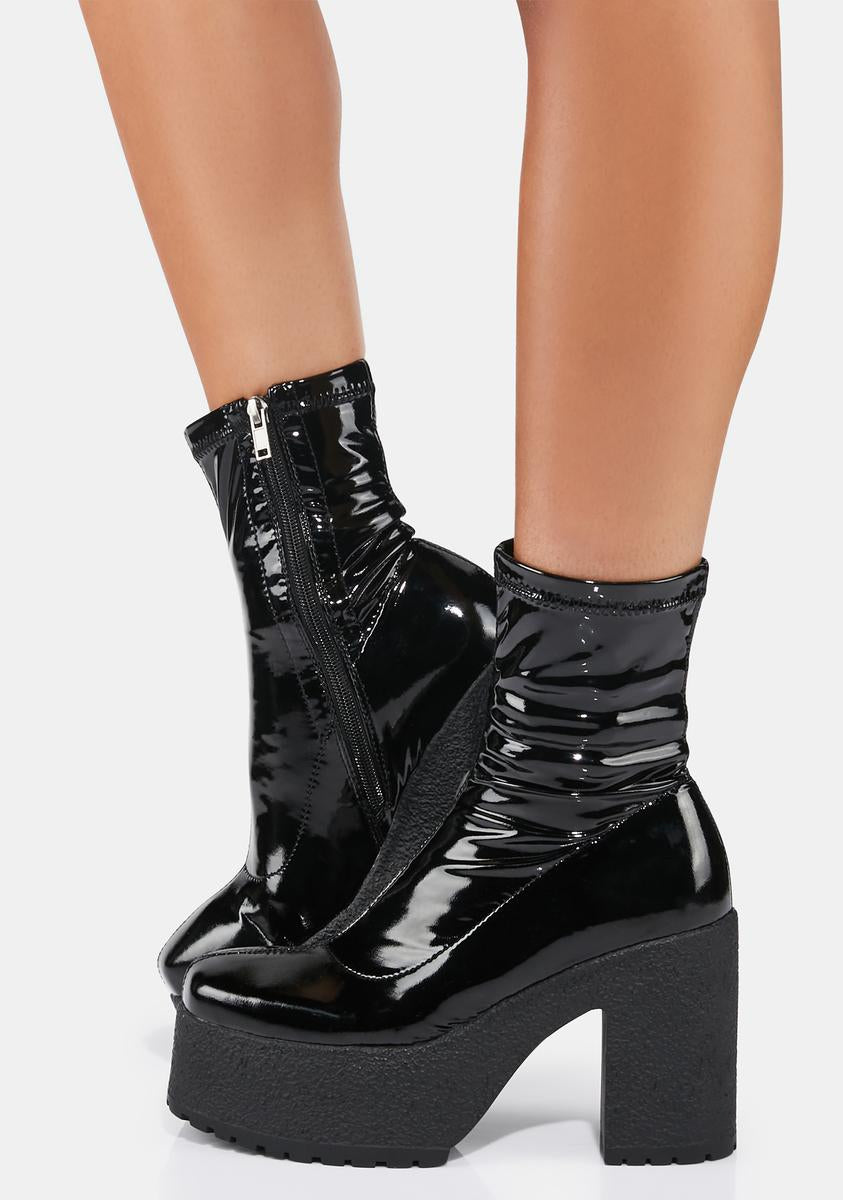 Lamoda Patent Stretch Vegan Leather Platform Ankle Boots - Black ...