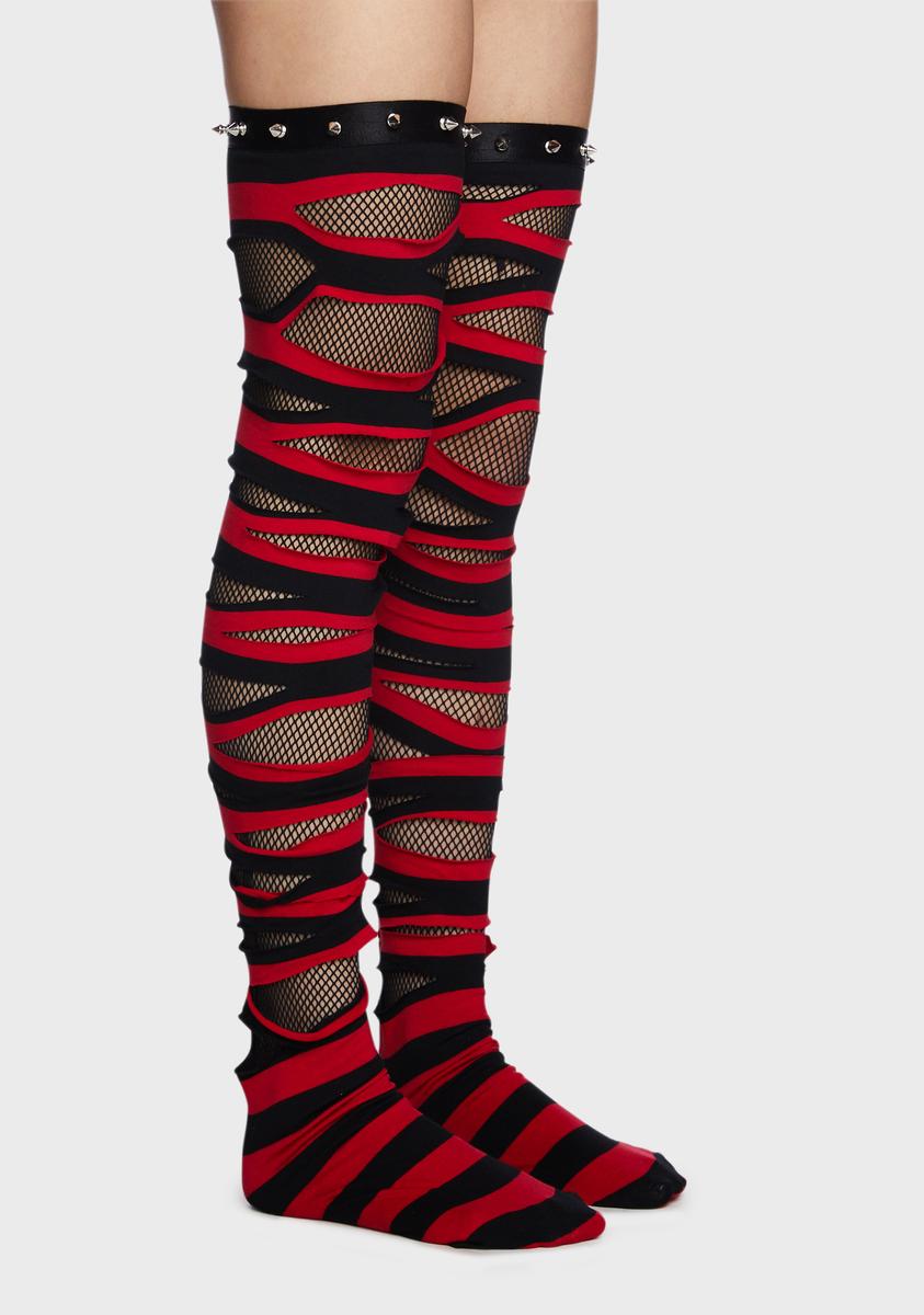 The Grave Girls Distressed Knit Fishnet Thigh High Socks - Black Red ...