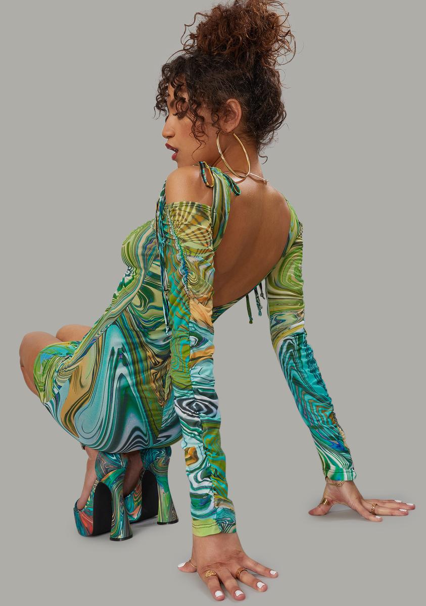 Poster Grl Swirl Print Tie Front Bodycon Mini Dress - Green  Dolls Kill