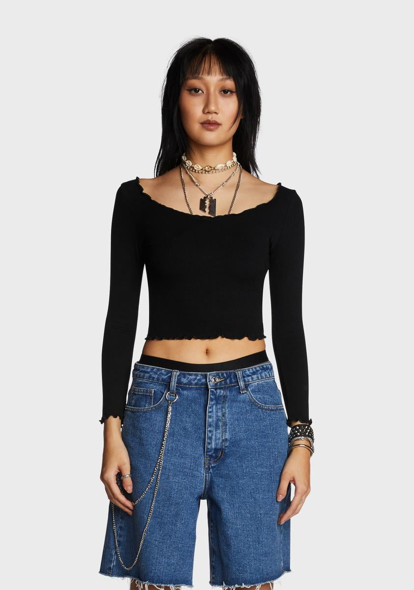 Knit Ribbed Long Sleeve Crop Top - Black – Dolls Kill