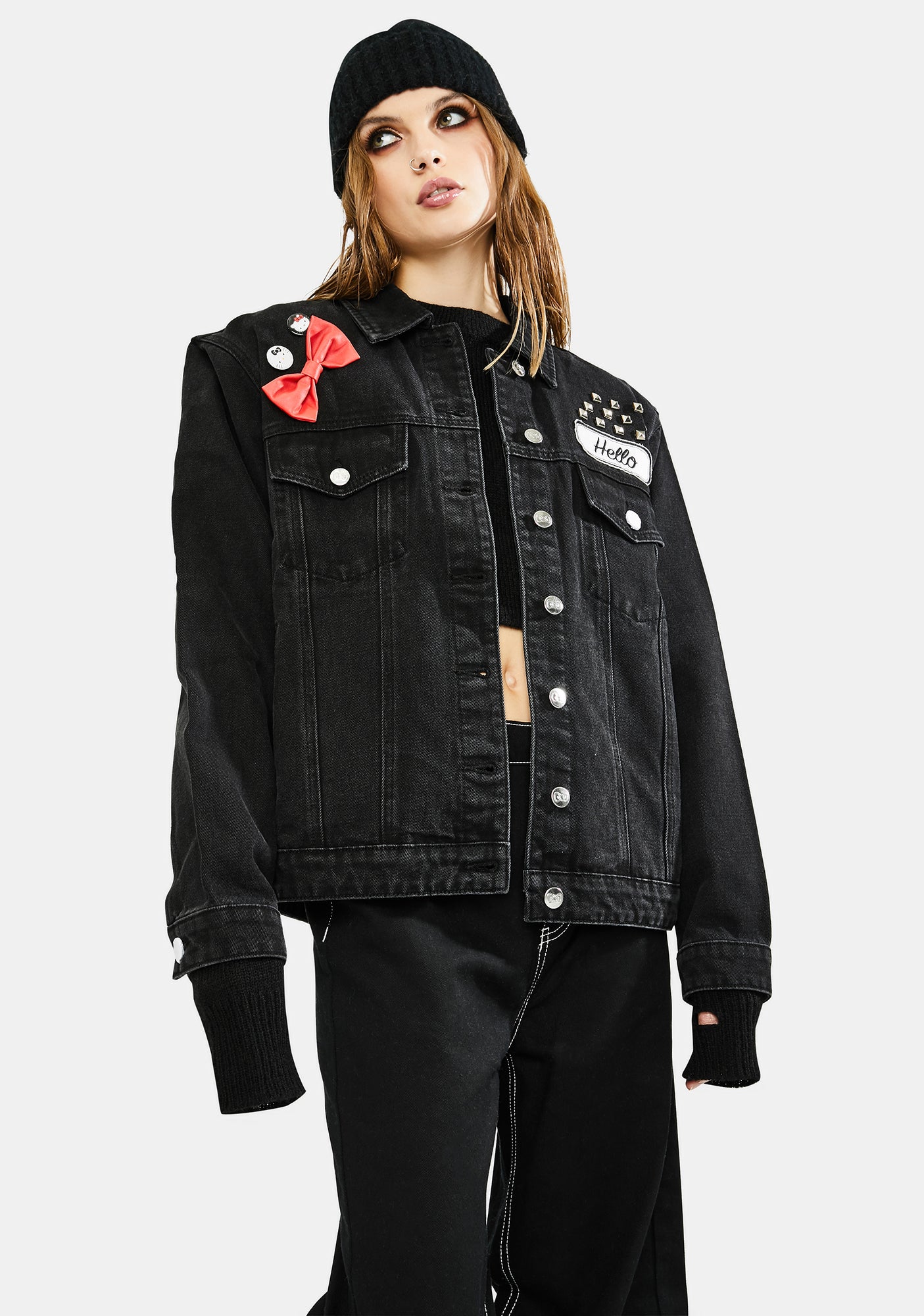 Hello Kitty x ASOS DESIGN colour block denim jacket with embroidery detail