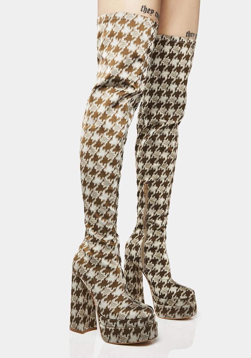 Houndstooth Thigh High Platform Boots Brown Dolls Kill