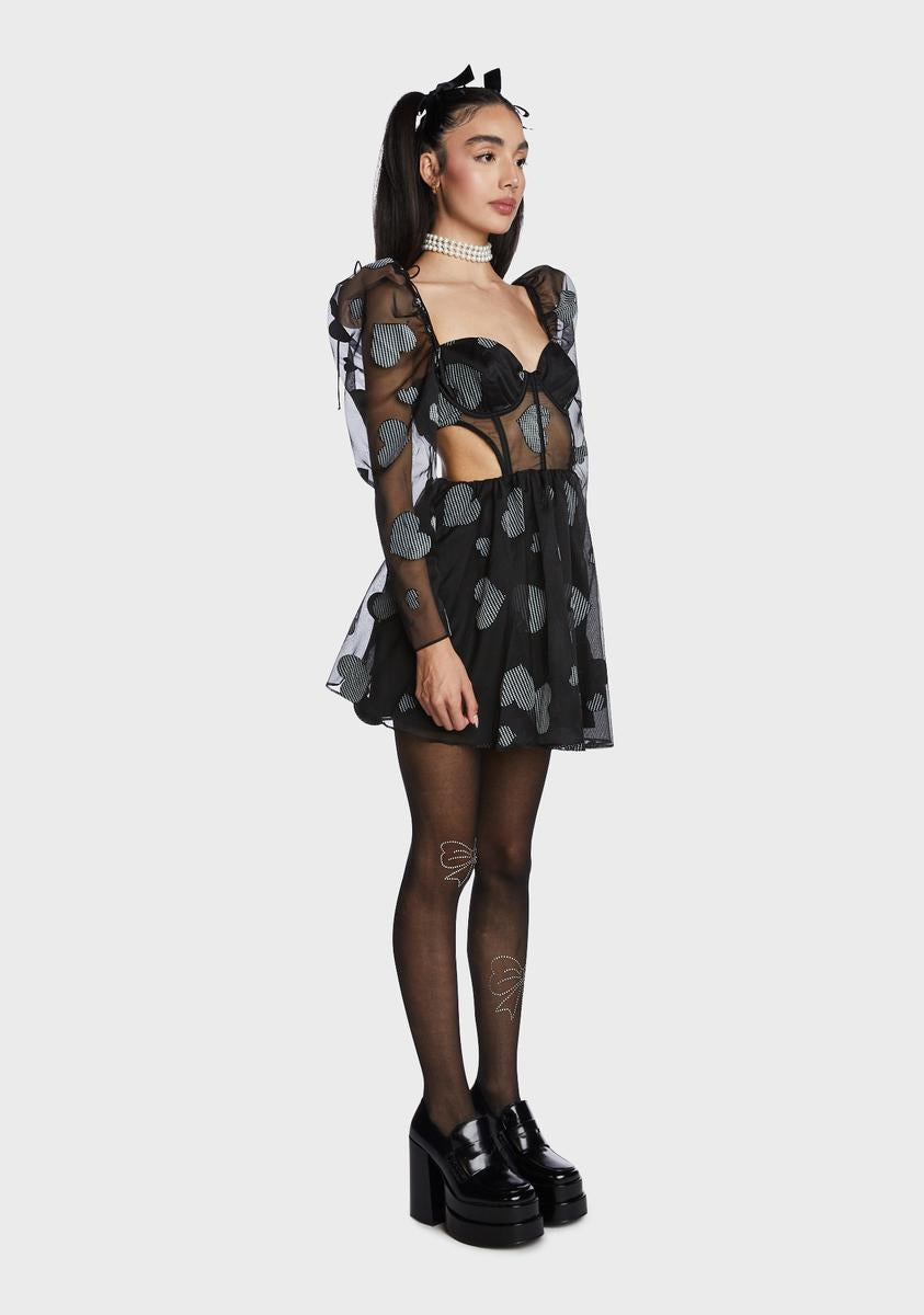 for love and lemons black long sleeve dress For Love & Lemons Houndstooth Heart Print Sheer Mini Dress