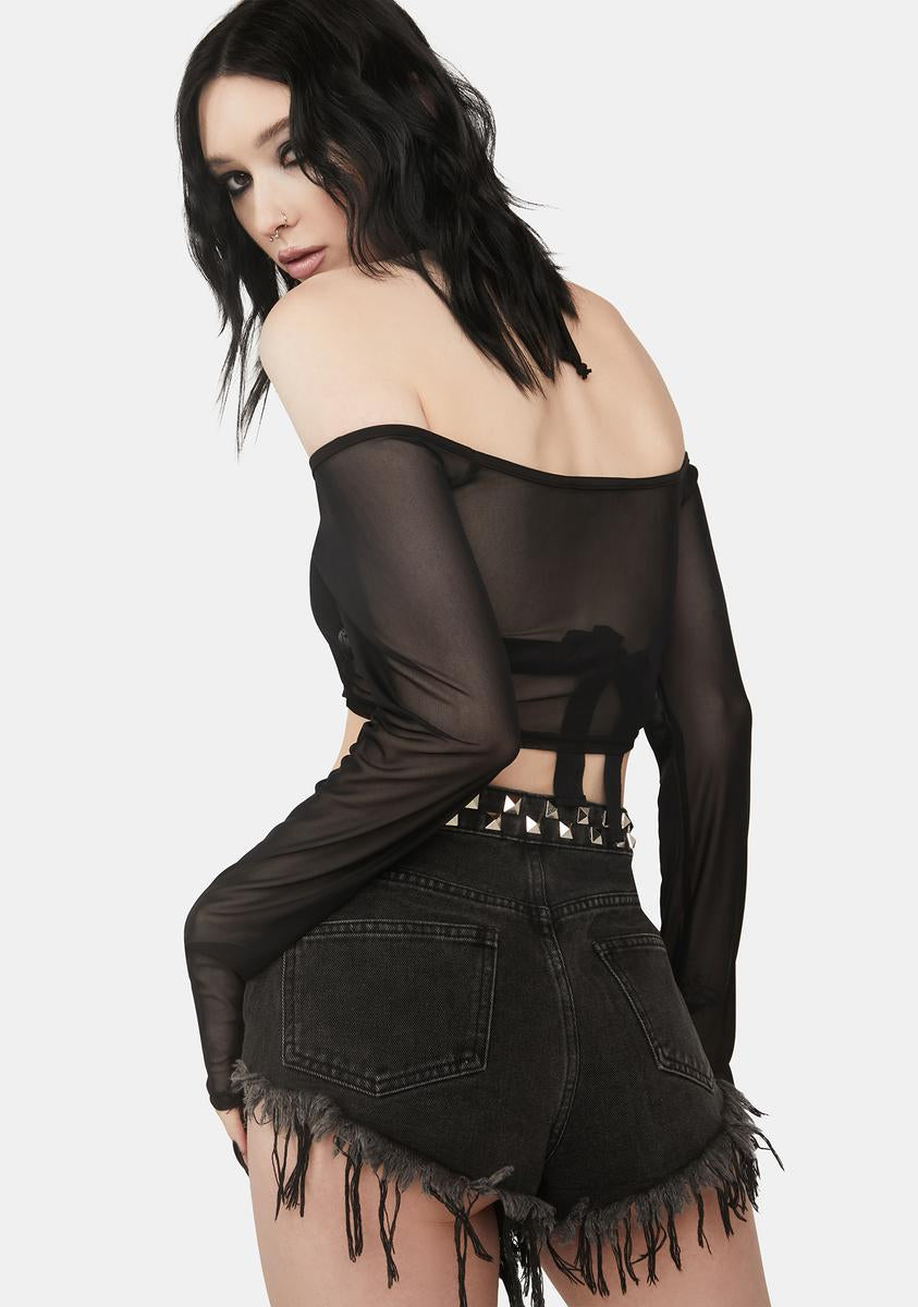 Sheer Mesh Off The Shoulder Halter Crop Top - Black – Dolls Kill