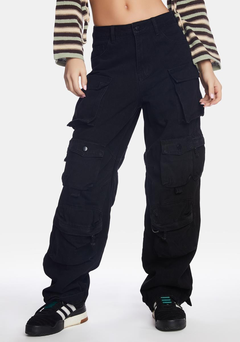 THE KRIPT Baggy Mid Waist Denim Cargo Pants - Black