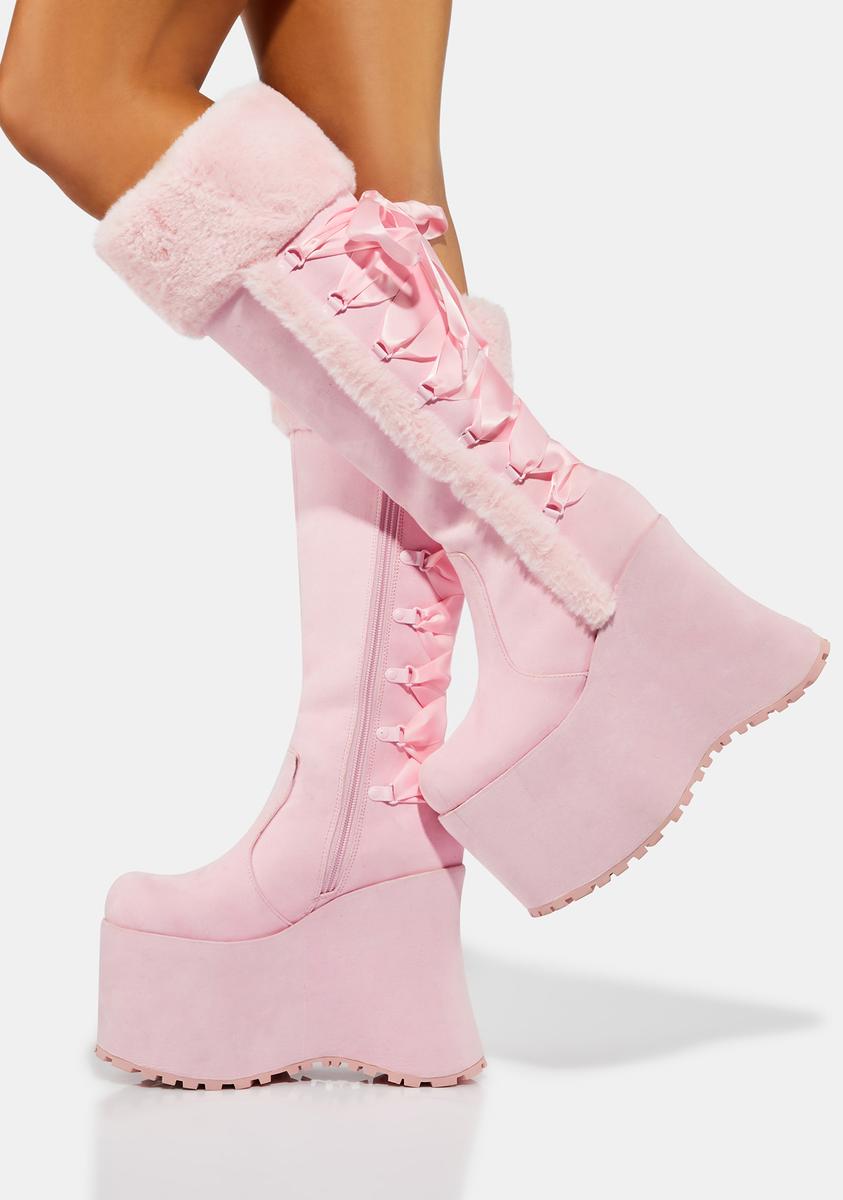 Sugar Thrillz Faux Fur Ribbon Lace Up Knee High Platform Boots