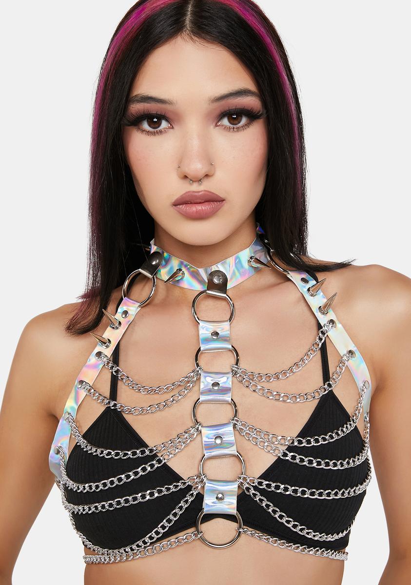 Holographic Spiked O-Ring Bra Chain - Silver – Dolls Kill