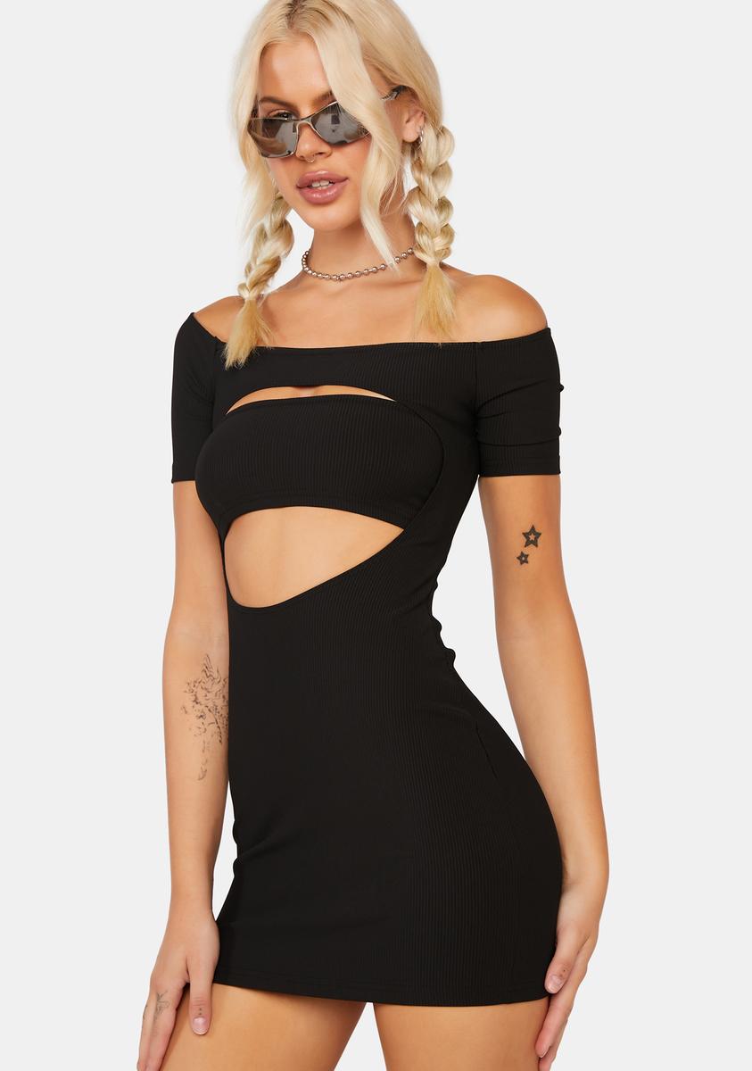 ribbed cut out mini dress Black Ribbed Front Bow Cut-Out Side Mini Dress /2-2-2