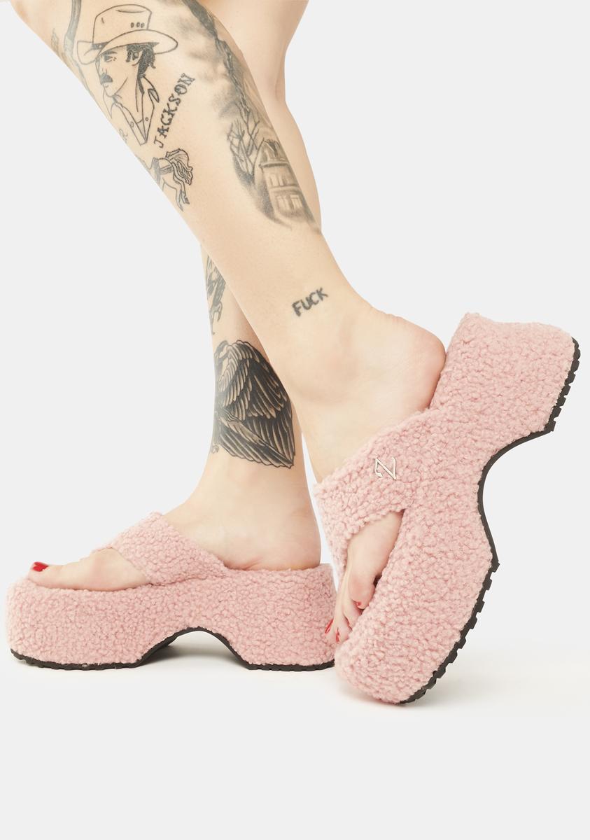 ZEMETA Faux Shearling Fur Platform Flip Flops - Pink