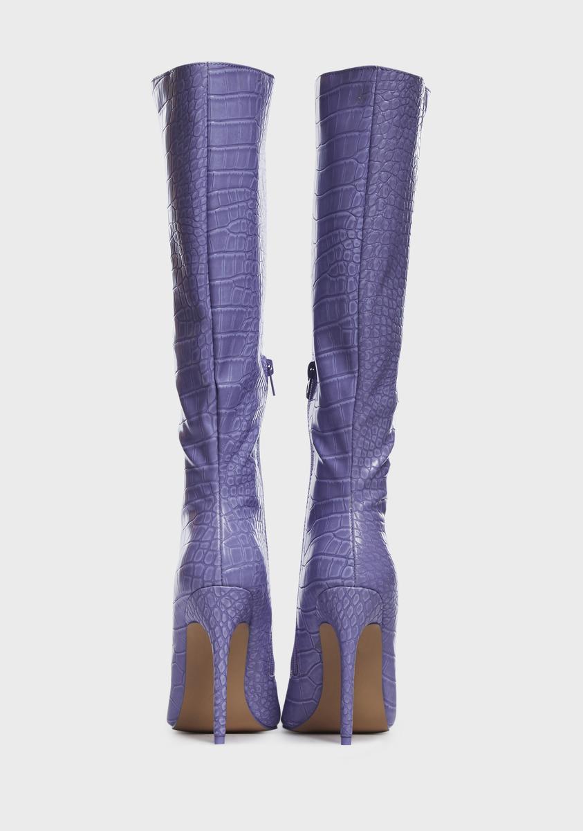 Public Desire Vegan Leather Knee High Boots Purple Croc – Dolls Kill