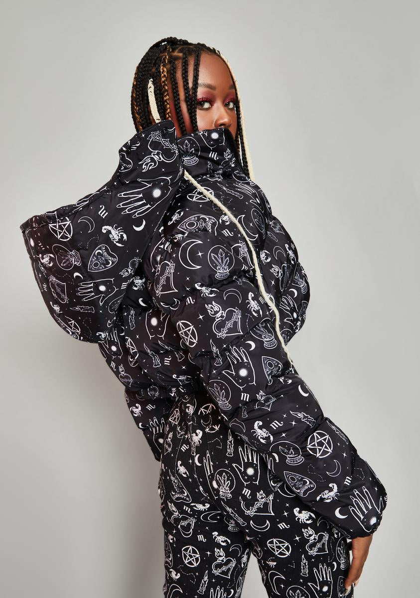 Horoscopez Scorpio Witchy Tattoo Print Puffer Jacket - Black 