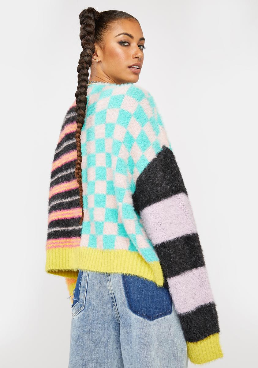 The Ragged Priest Fuzzy Knit Striped Patchwork Cardigan Multicolor ...