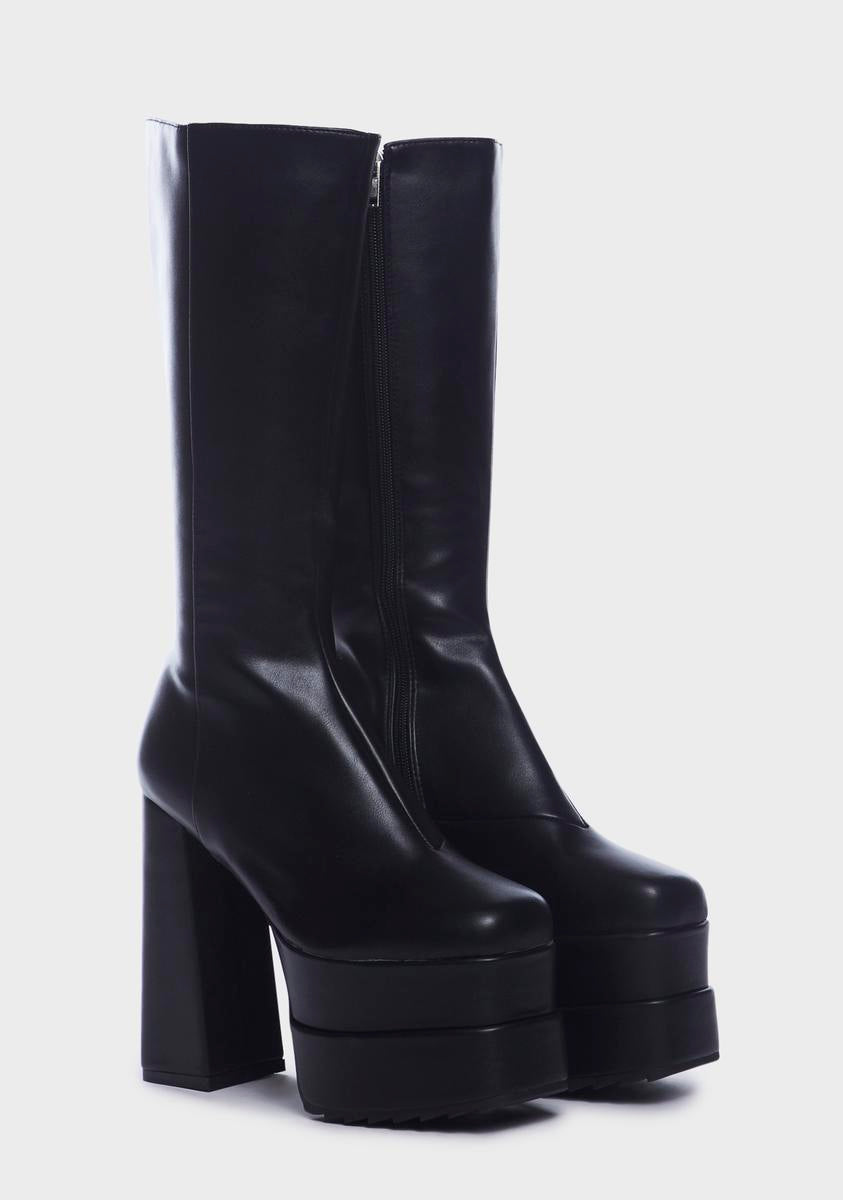 Lamoda Vegan Leather Mid Calf Platform Boots - Black#N##N# – Dolls Kill