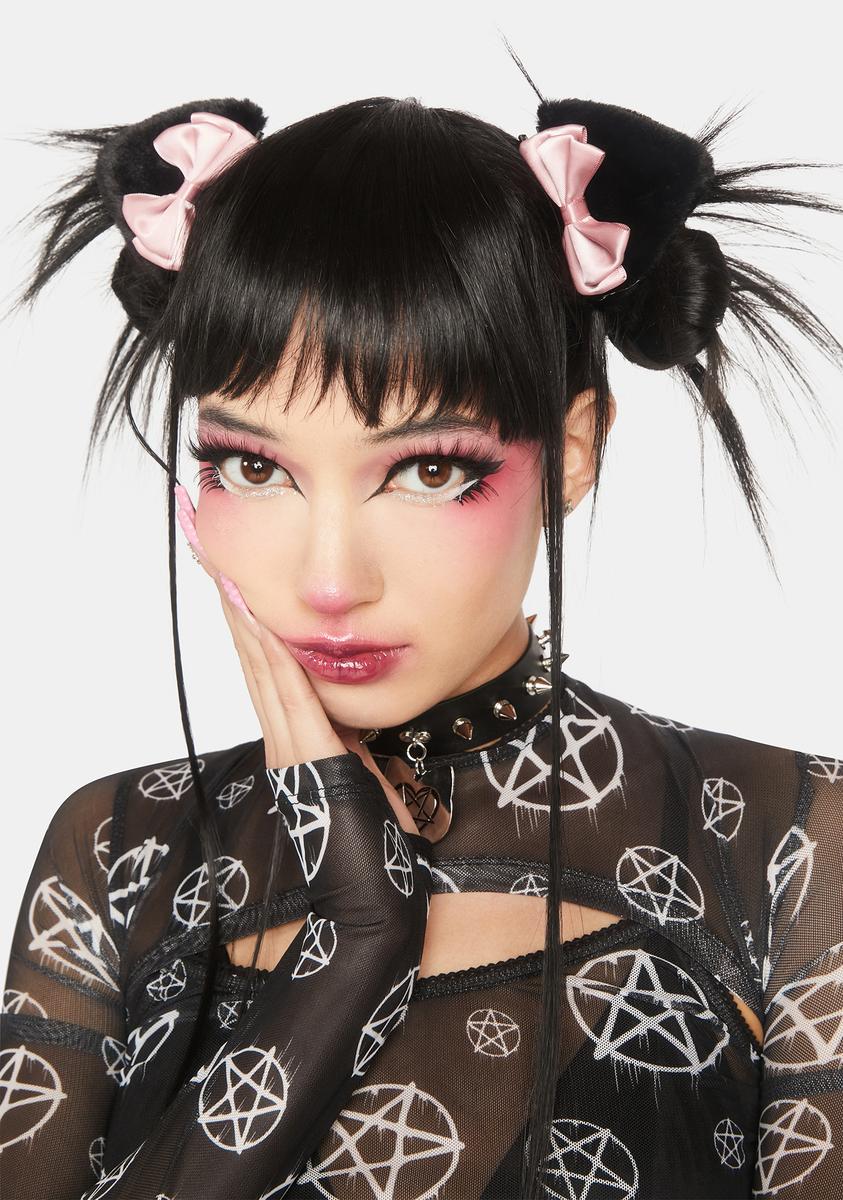 ClipIn Faux Fur Cat Ears W/ Bows Black Dolls Kill