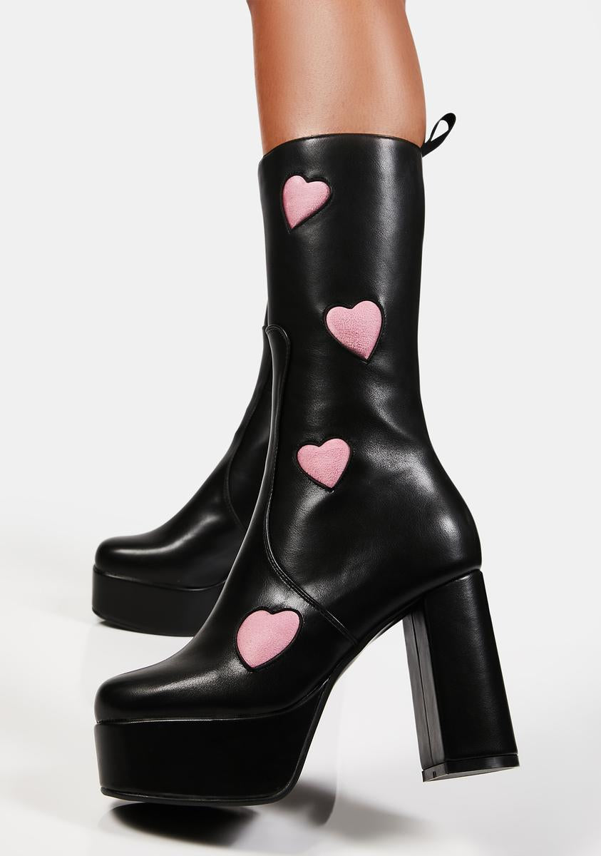 Lamoda Mid Calf Rise Vegan Leather Heart Platform Boots – Dolls Kill
