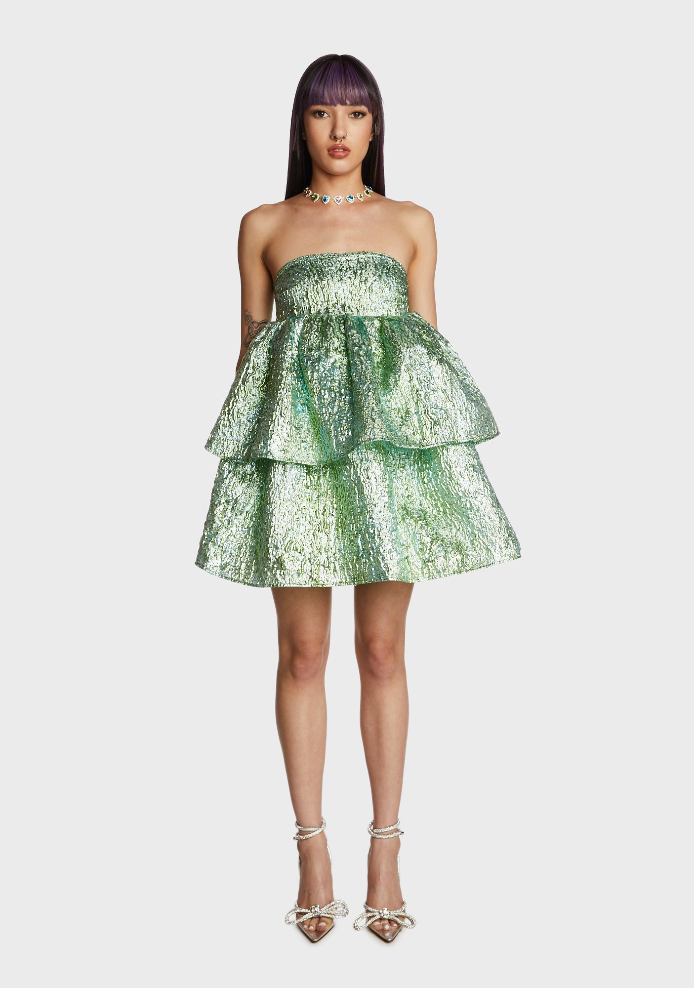 AMYLYNN Metallic Brocade Mini Dress - Green – Dolls Kill