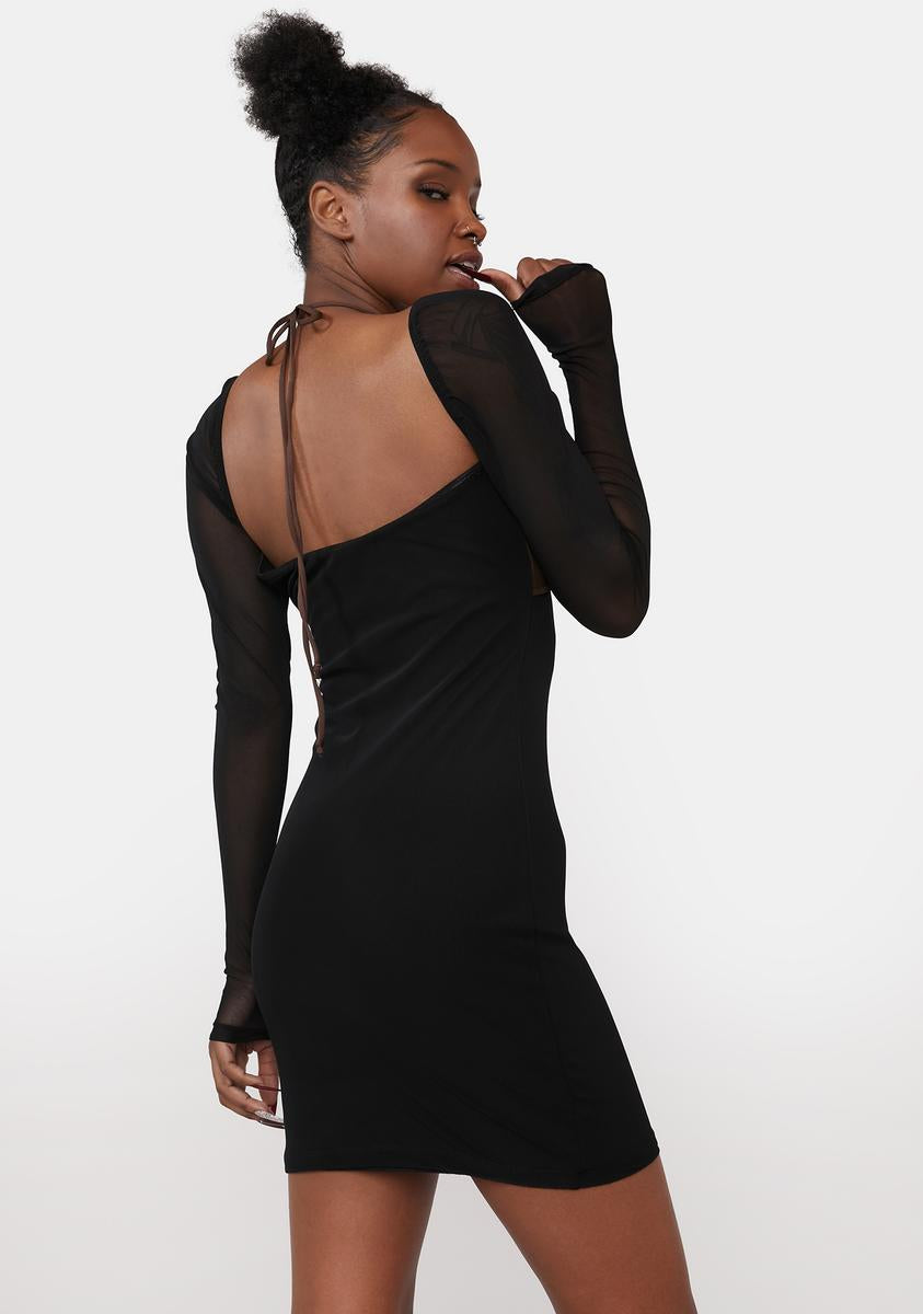 motel mesh dress Sevila Long Sleeve Mini Dress in Mesh Black Abstract Flower Flock , Bodycon