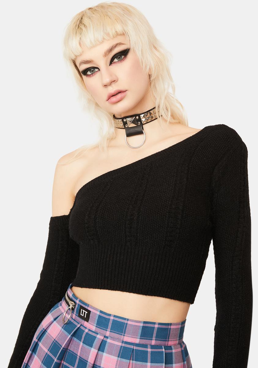 One Shoulder Long Sleeve Crop Sweater - Black – Dolls Kill