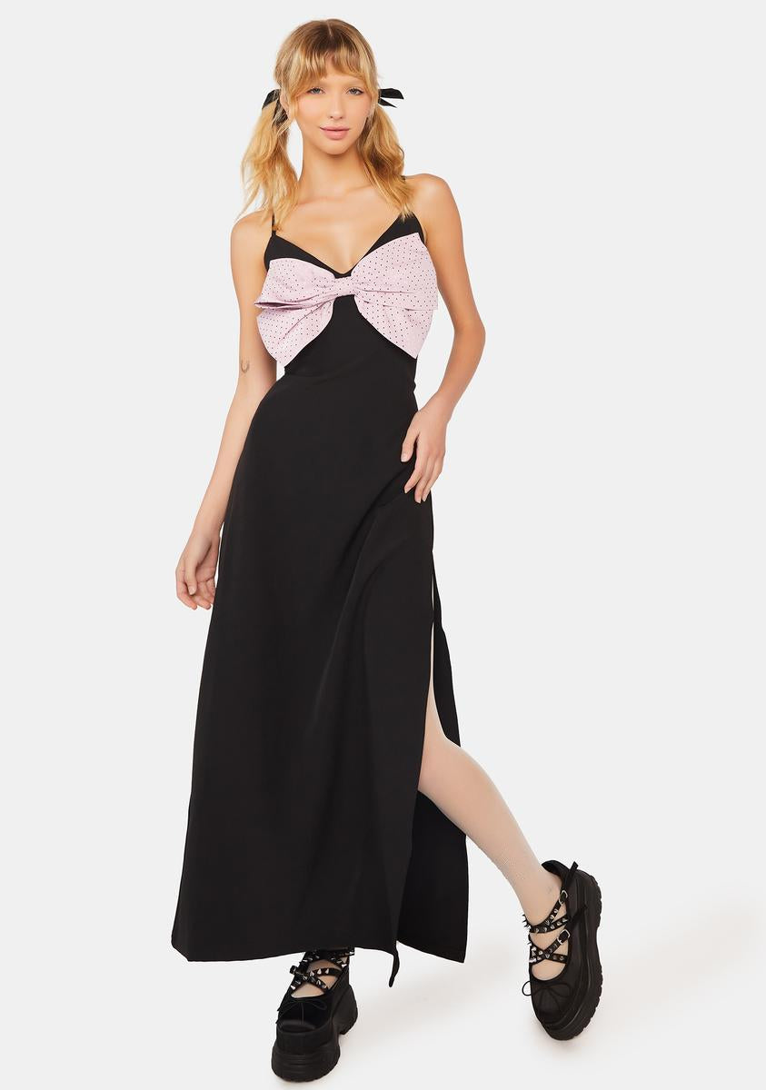 Sister Jane Maxi Dress With Polka Dot Satin Bow   Black – Dolls Kill