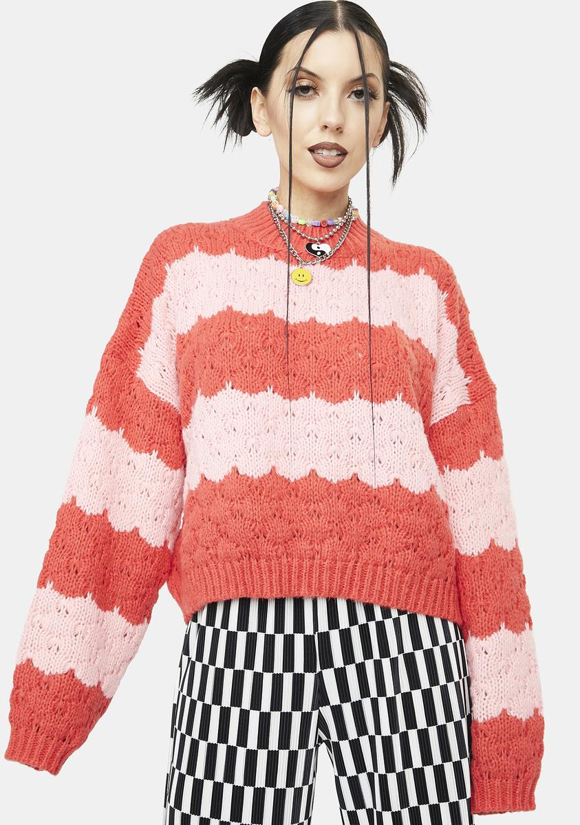 Striped Scalloped Long Bell Sleeve Crochet Sweater Coral Pink – Dolls Kill