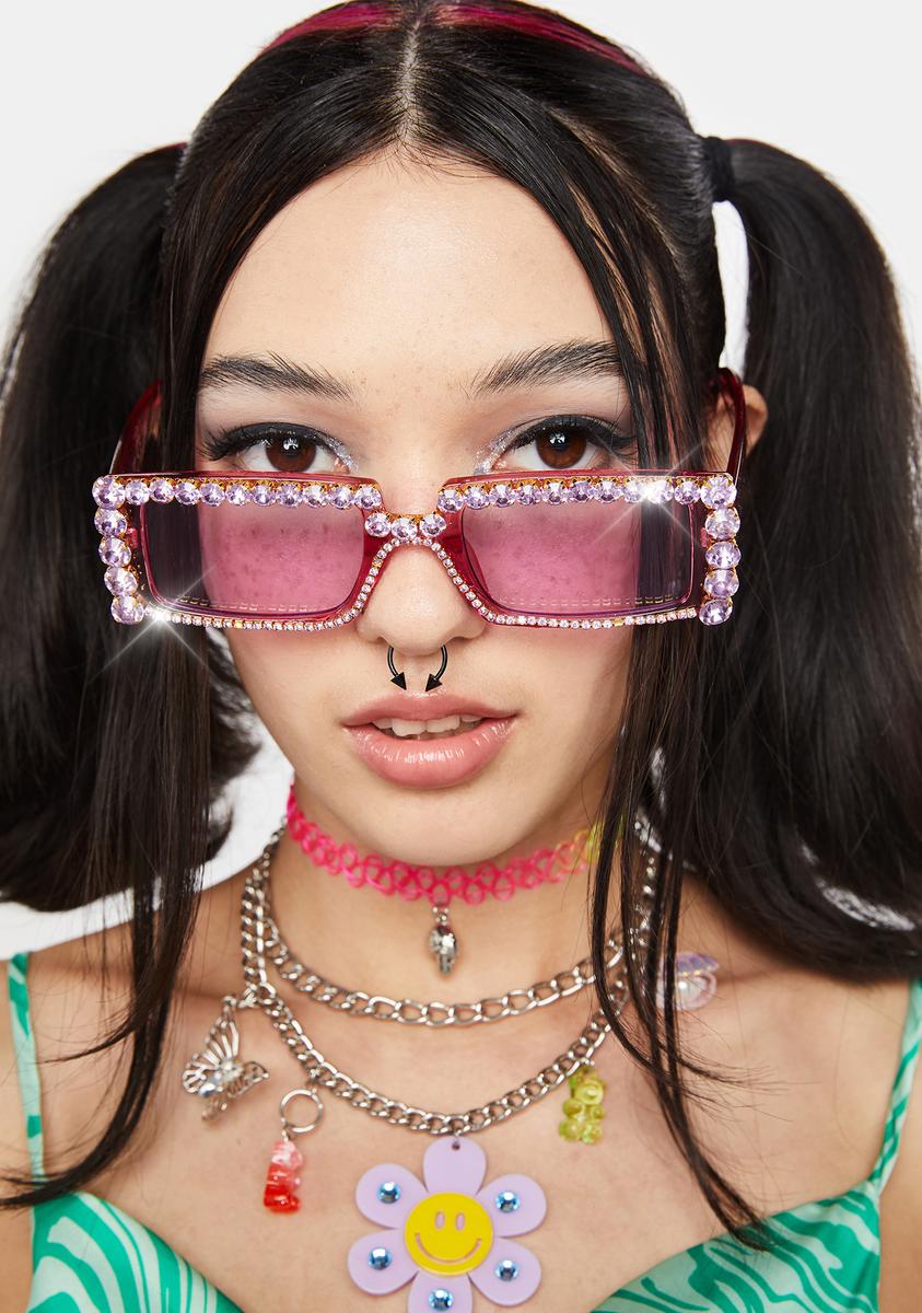 Tinted Lenses Rectangular Rhinestone Sunglasses - Pink – Dolls Kill