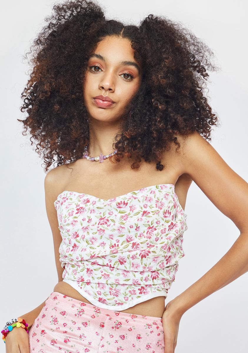 Floral Pointed Ruched Corset Crop Top - White – Dolls Kill