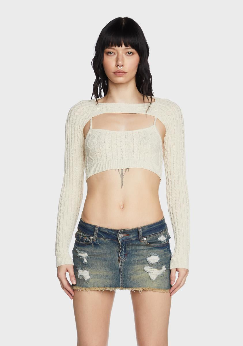 Edikted Cable Knit Crop Top Shrug Set Off White/Beige Dolls Kill