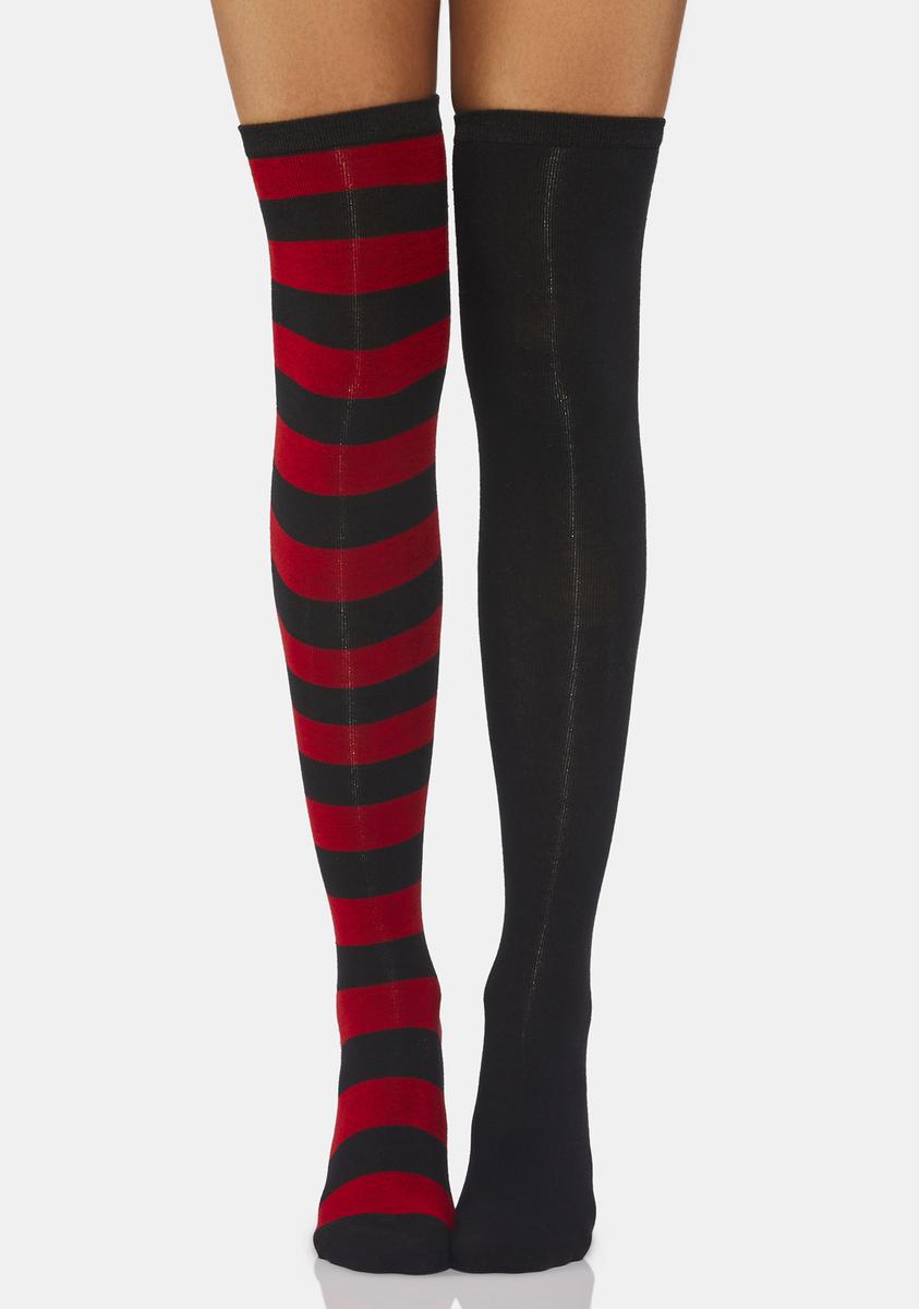 Mismatched Thigh High Socks - Black & Red Striped