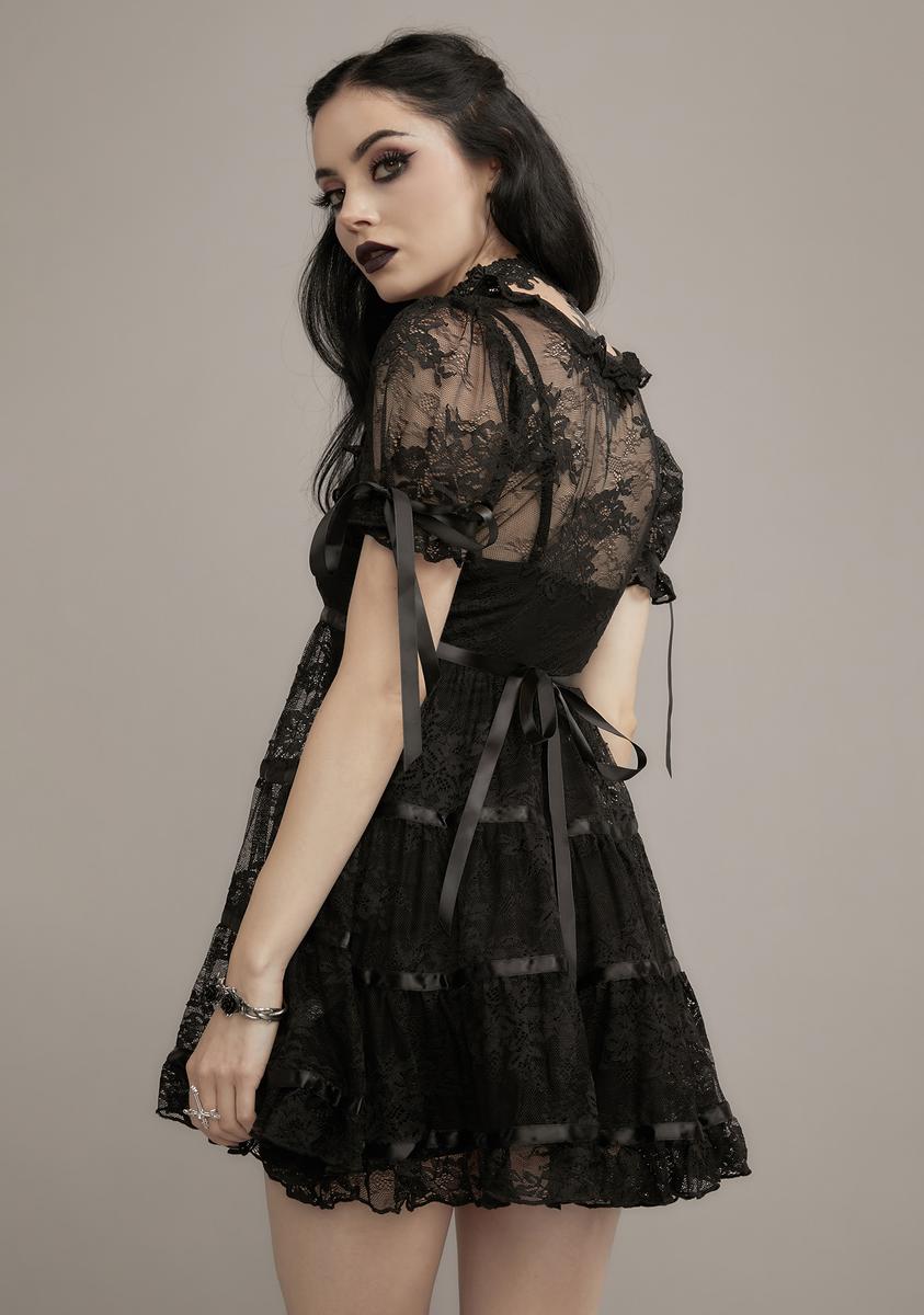 Widow Lace Satin Ribbon Puff Sleeve Mini Dress – Dolls Kill 