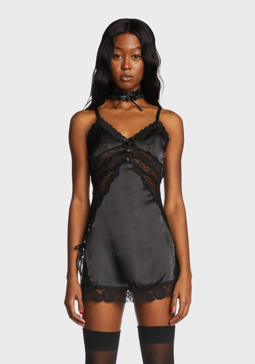 Sugar Thrillz Satin Lace Slip Dress - Black