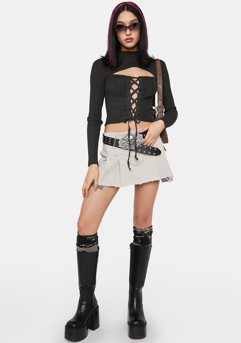 Ribbed Knit Cut Out Lace Up Long Sleeve Crop Top - Black – Dolls Kill