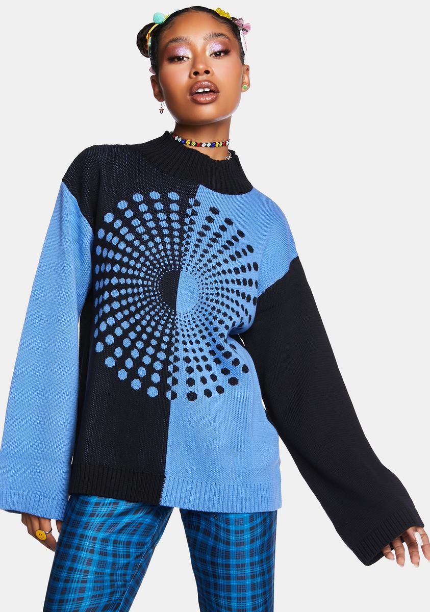 Another Girl Color Block Abstract Print Knit Sweater - Black/Blue – Dolls Kill