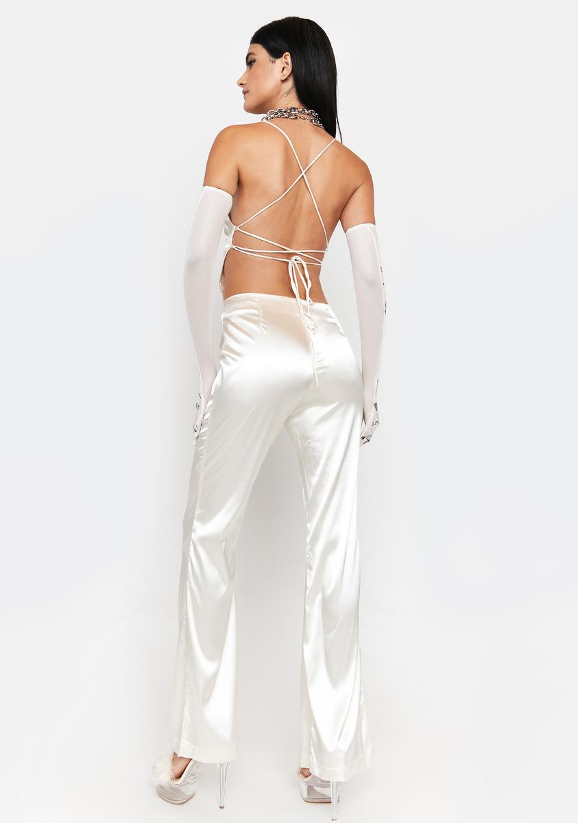 Satin Halter Top And Slit Flare Pants Set Pearl White – Dolls Kill