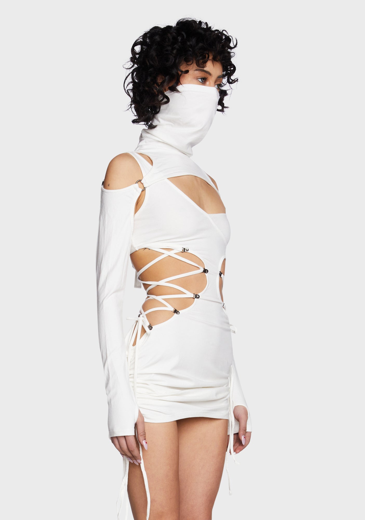 darker waves white dress Darker Wavs Cut Out Lace Up Dress With Detachable Shrug